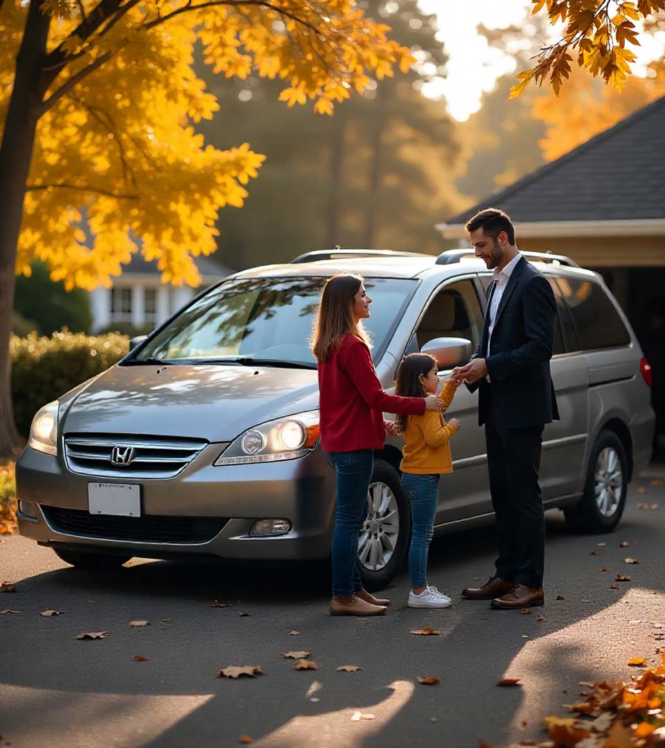 Eine Familie übergibt ein Auto an einen Händler beim Autoankauf Stendal vor dem Haus